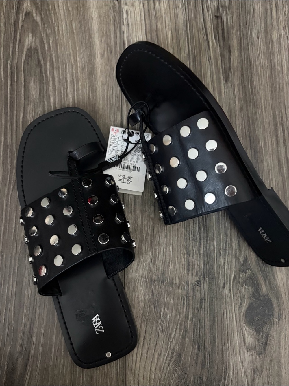 NWT Zara Black Slide Sandals with Silver Studs
